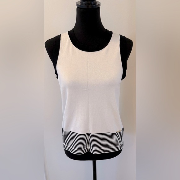 New Anne Klein Sleeveless Sweater Top XS Ivory Black Striped Hem - Picture 1 of 7